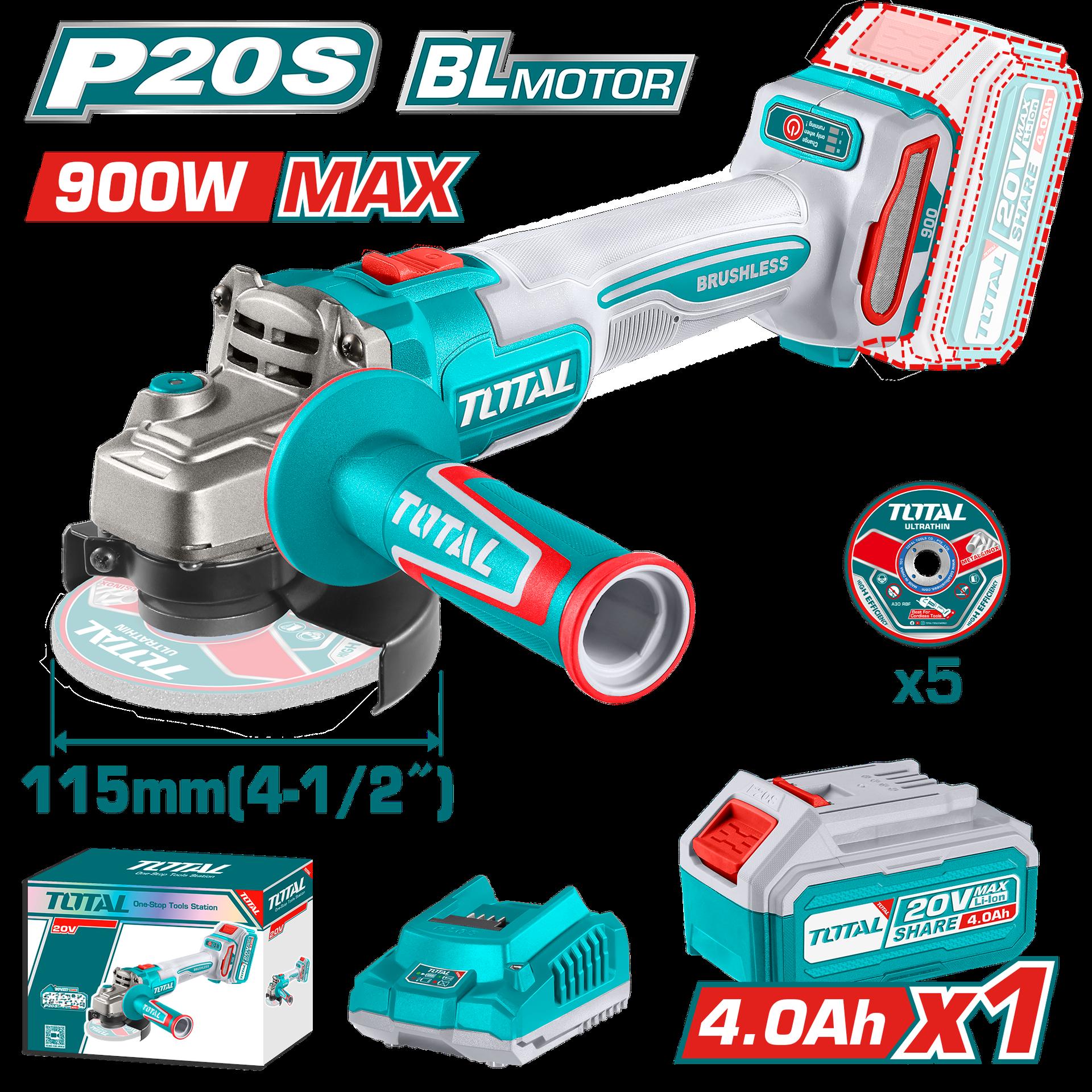 Pulidora inalambrica 4 1/2 industrial 20 v 900W incluye bateria 4.0 ah, cargador y 5 discos, motor sin escobillas industrial super total (UTAGLI261521)